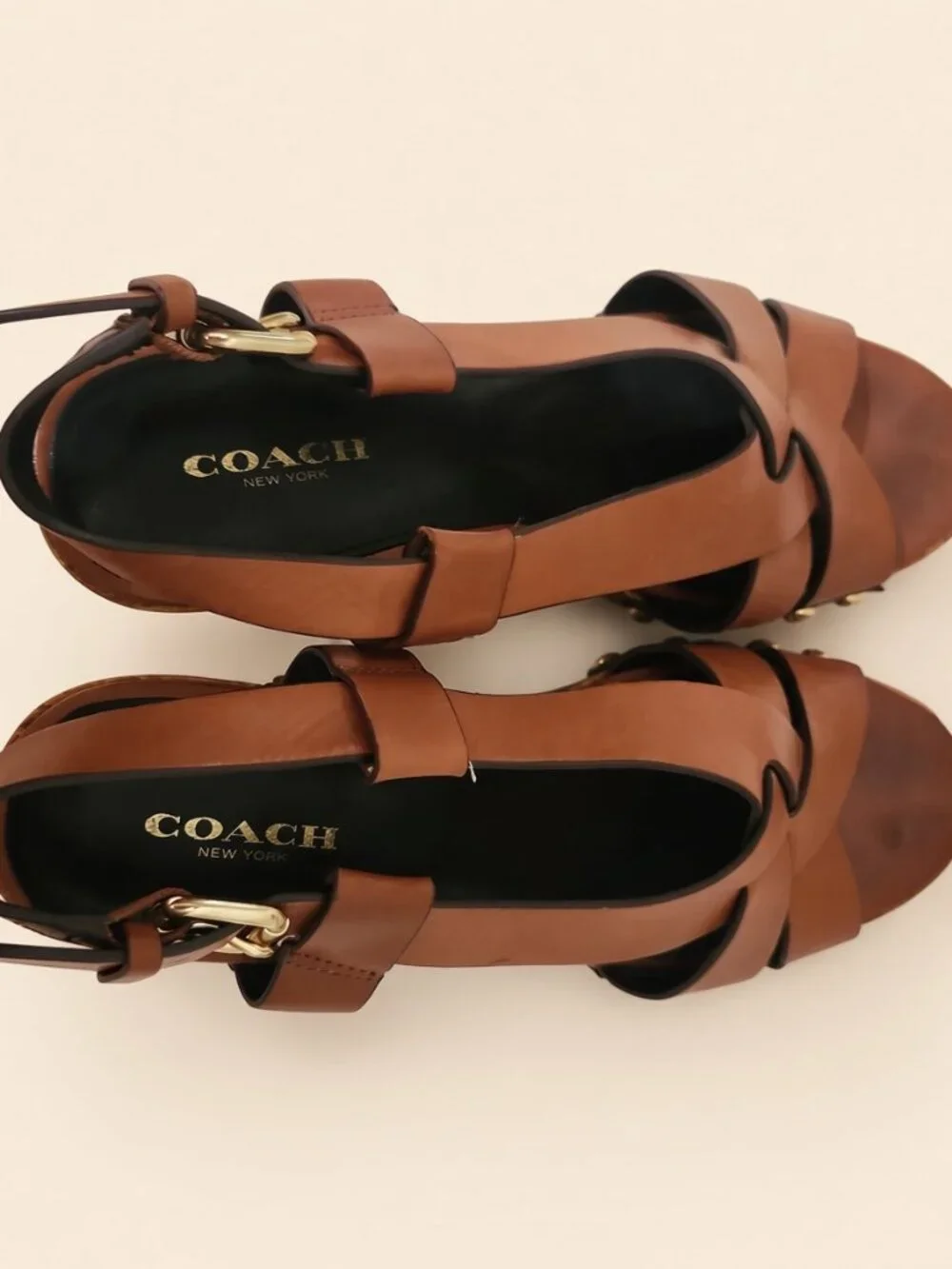 Coach Adessa Cognac Leather Wood Platform Sandals Size 8 Gold Studs